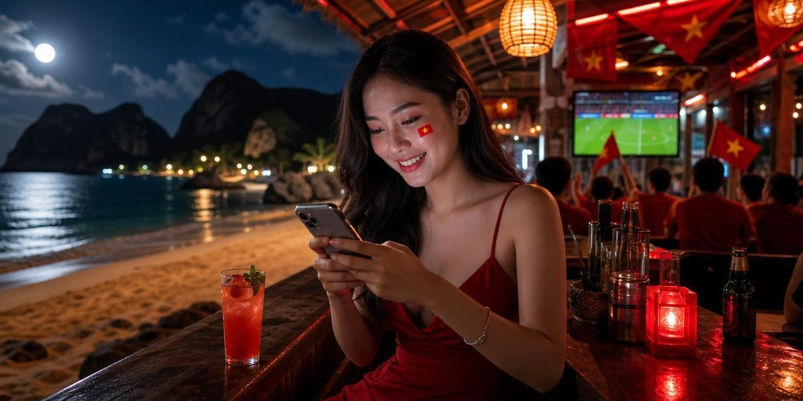 Người dùng ở Côn Đảo xem thông tin cá cược bằng điện thoại gần bãi biển